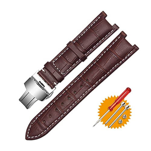 REFKIT Echtes Leder-Armband for GC-Armband 22 x 13 mm 20 x 11 mm gekerbtes Armband mit Schmetterlingsschnalle aus Edelstahl (Color : Brown white silver, Size : 22-13mm) von REFKIT