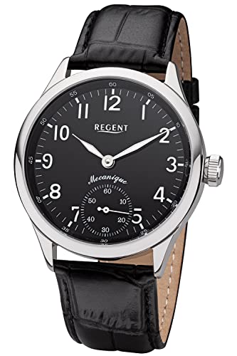 REGENT Herrenuhr Handaufzug mit Lederband Schwarz 11020049 von REGENT