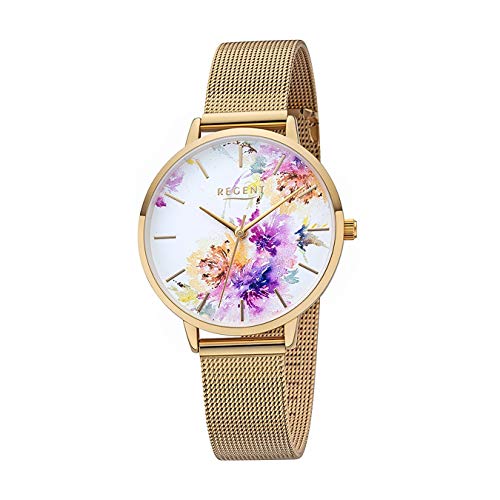 Modische REGENT Damenarmbanduhr BA-499 mit floralem Zifferblatt von REGENT