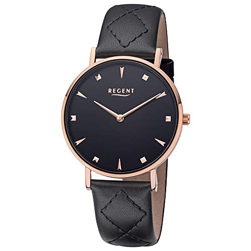 REGENT Damenarmbanduhr Edelstahl IPR mit Lederband schwarz BA-576 von REGENT