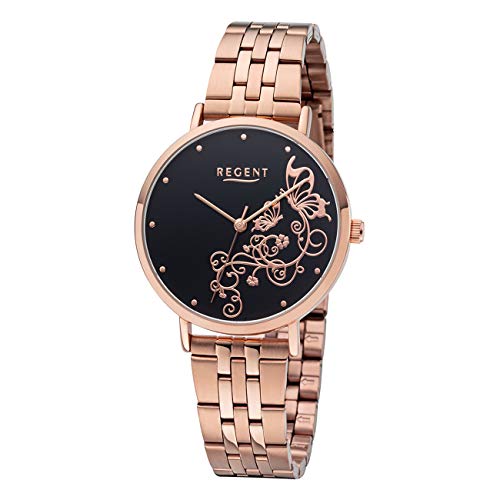 REGENT Damenuhr 35 MM mit Schmetterling Motiv Rosegoldfarben/Schwarz BA-613 von REGENT