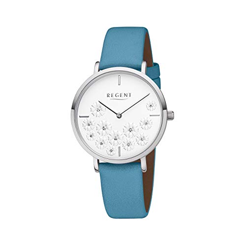 REGENT Damenuhr 36 MM mit Blüten Design Zifferblatt Silberfarben/Türkis BA-592 von REGENT