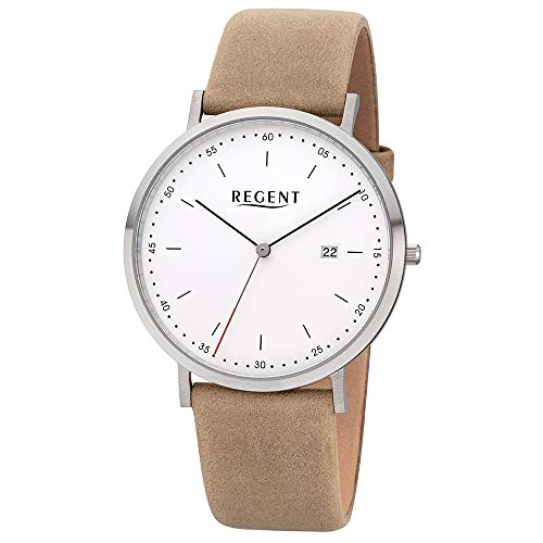 REGENT Herren-Armbanduhr Edelstahl analog Quarz Lederband beige F-1140 von REGENT