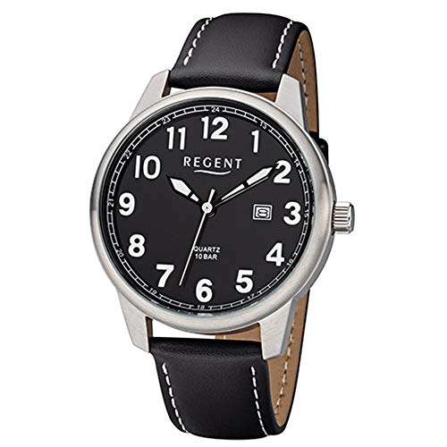 REGENT Herren-Armbanduhr Edelstahl analog Quarz Lederband schwarz F-1238 von REGENT