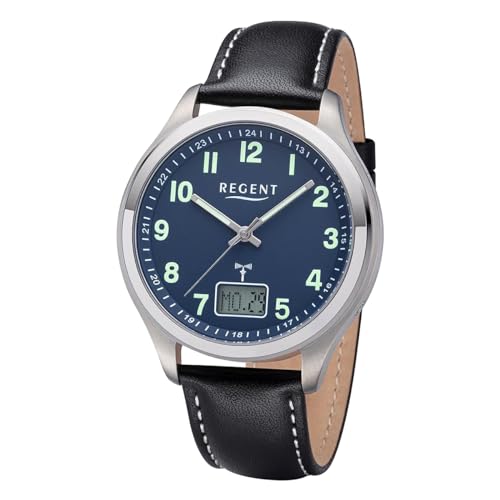 REGENT Herren Funkuhr Titan Analog-Digital mit Lederband 1501563 von REGENT