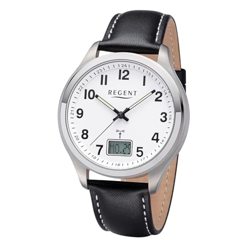 REGENT Herren Funkuhr Titan Analog-Digital mit Lederband 1501564 von REGENT