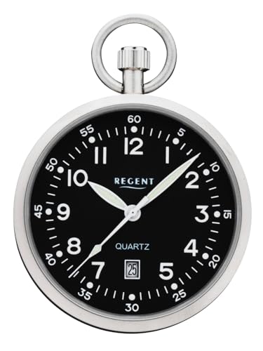 REGENT Herren Taschenuhr Edelstahl 43 MM Quarz Schwarzes Zifferblatt Arabische Zahlen Datum P-777 von REGENT