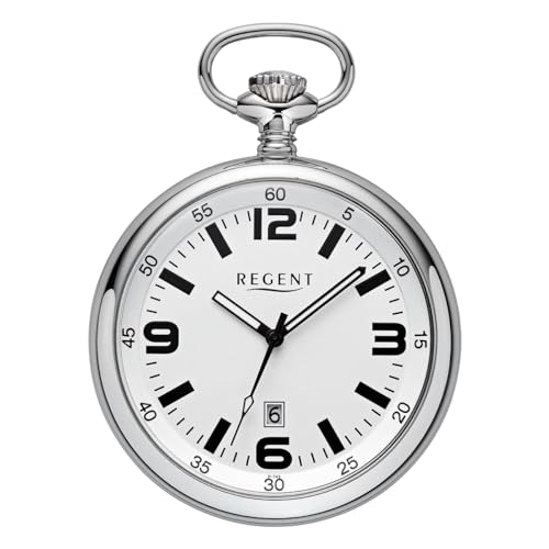 REGENT Herren Taschenuhr Edelstahl 50 MM Quarz Zifferblatt Silber, Vier Arabische Zahlen Datum P-743 von REGENT