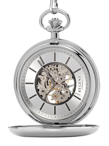 REGENT Herren Taschenuhr Skelett 51 MM Mechanischer Handaufzug incl. Taschenuhren Kette P-769 von REGENT