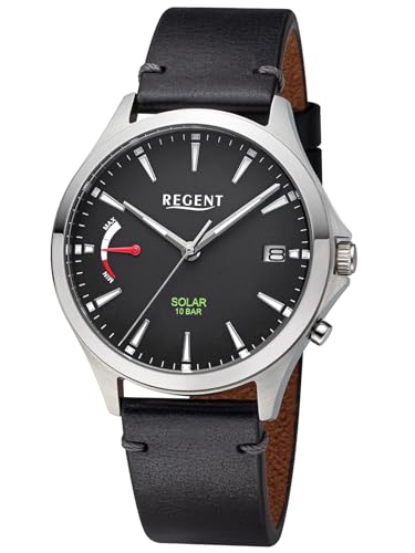 REGENT Herrenuhr Solaruhr mit Lederarmband 41 mm Quarz Analog Schwarz F-1550 von REGENT