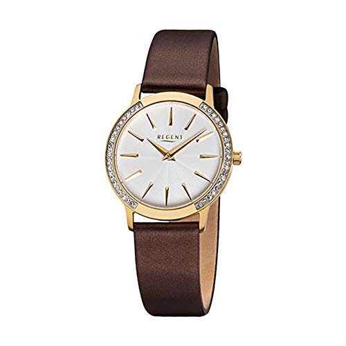 Regent Damen-Armbanduhr Elegant Analog Leder-Armband braun Quarz-Uhr Ziffernblatt silber URF1078 von REGENT