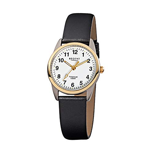 Regent Damen-Armbanduhr Elegant Analog Leder-Armband schwarz Quarz-Uhr Ziffernblatt weiß URF661 von REGENT