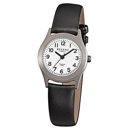 Regent Damen-Armbanduhr Elegant Analog Leder-Armband schwarz Quarz-Uhr Ziffernblatt weiß URF871 von REGENT