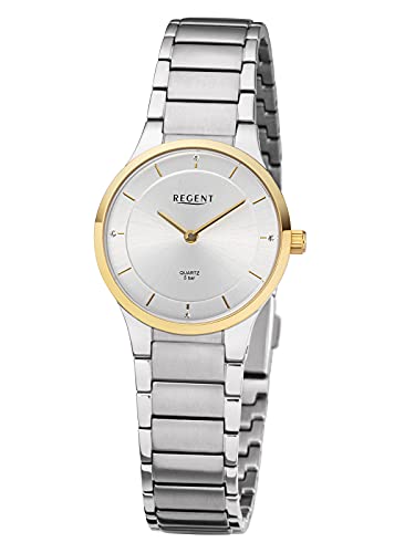 REGENT Damenuhr mit Edelstahlband und Faltschließe 28 MM Durchmesser mit 4 Cubik Zirkonia F-1310 von REGENT