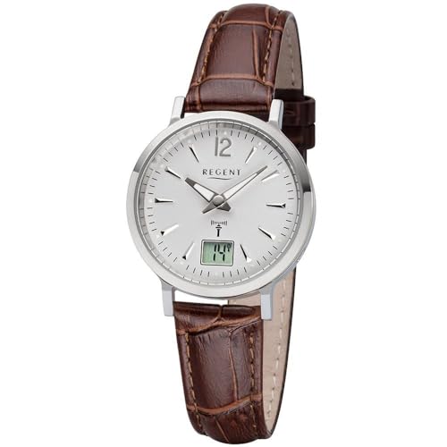 REGENT Funkuhr für Damen Lederband Braun Ø 30 mm FR-256 von REGENT