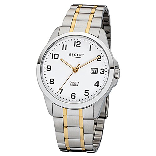Regent Herren-Armbanduhr Elegant Analog Edelstahl-Armband silber gold Quarz-Uhr Ziffernblatt weiß URF1014 von REGENT