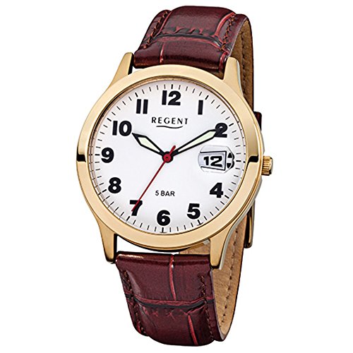 Regent Herren-Armbanduhr Elegant Analog Leder-Armband braun Quarz-Uhr Ziffernblatt beige (weiß) URF789 von REGENT