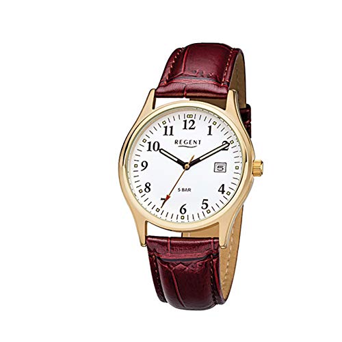 Regent Herren-Armbanduhr Elegant Analog Leder-Armband rot braun Quarz-Uhr Ziffernblatt weiß URF1024 von REGENT