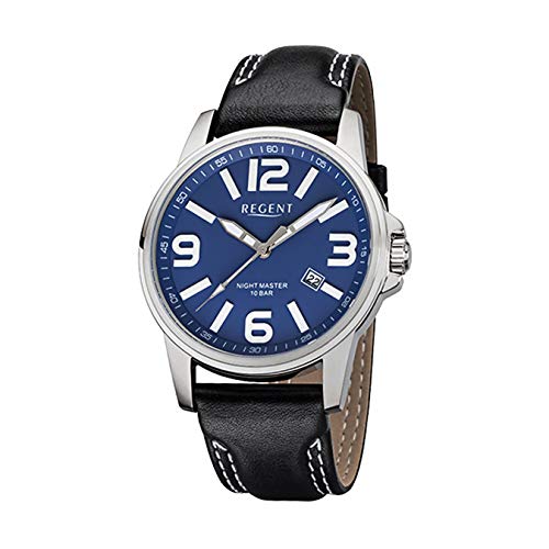 Regent Herren-Armbanduhr Elegant Analog Leder-Armband schwarz Quarz-Uhr Ziffernblatt blau URF996 von REGENT