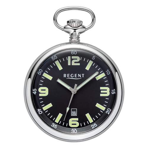 Regent Herren Taschenuhr Edelstahl 50 MM Quarz Schwarzes Zifferblatt Arabische Zahlen Datum P-742 von REGENT