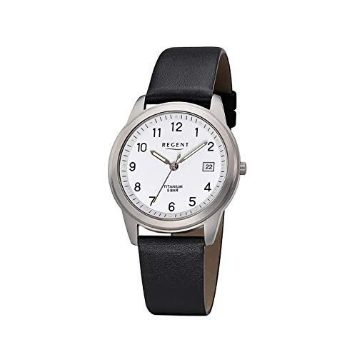 Regent Herren Uhr F-683 Leder Quarzwerk Armband-Uhr Titan-Uhr schwarz URF683 von REGENT