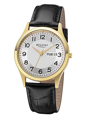 REGENT Herrenuhr mit Kroko Look Lederband Edelstahl Quarz Wochentag Datum DayDate F-1261 von REGENT