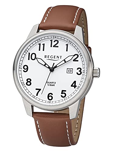 REGENT Herrenuhr mit Lederband Edelstahl 10 ATM Quarz Datum F-1256 von REGENT