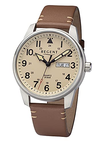 REGENT Herrenuhr mit Lederband Edelstahl 20 ATM Quarz Wochentag Datum DayDate F-1255 von REGENT