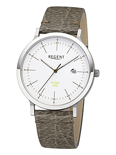 REGENT Herrenuhr mit veganem nachhaltigen Lederband 40 MM Titan Gehäuse Quarz Datum BA-704 von REGENT