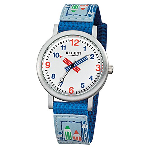 Regent Kinder-Armbanduhr Elegant Analog Textil-Armband blau Quarz-Uhr Ziffernblatt weiß URF731 von REGENT