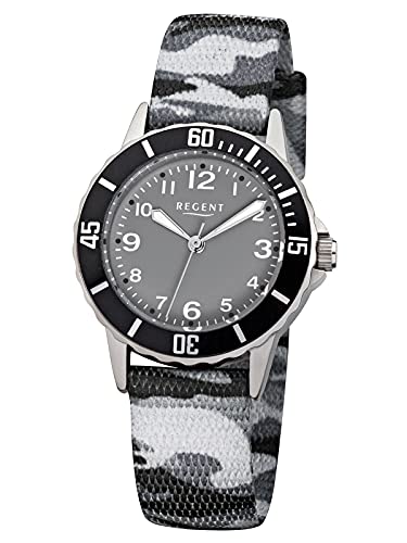 Regent Kinder-Armbanduhr Elegant Analog Textil-Armband grau schwarz camouflage Quarz-Uhr Ziffernblatt schwarz URF941 von REGENT