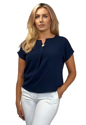 REGINA FASHION Damenbluse mit Zierknopf – Kurzarm, Elegant, Bequem – Bluse für Büro & Freizeit – Größen 36–44 (DE/NL/SE/PL, Numerisch, 42, Regular, Regular, Marineblau) von REGINA FASHION