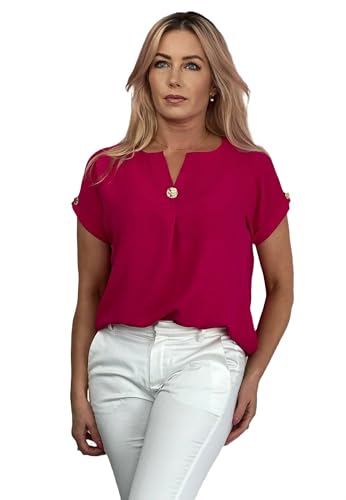 REGINA FASHION Damenbluse mit Zierknopf – Kurzarm, Elegant, Bequem – Bluse für Büro & Freizeit – Größen 36–44 (DE/NL/SE/PL, Numerisch, 44, Regular, Regular, Amaranthrot) von REGINA FASHION