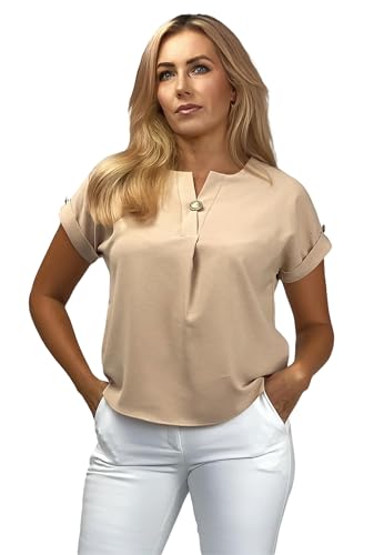 REGINA FASHION Damenbluse mit Zierknopf – Kurzarm, Elegant, Bequem – Bluse für Büro & Freizeit – Größen 36–44 (DE/NL/SE/PL, Numerisch, 44, Regular, Regular, Beige) von REGINA FASHION
