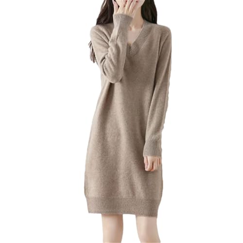 Damen 100% Wolle Lang Pulloverkleid V-Ausschnitt Langarm Kleider Solid Knit Pullover Rock, Braun Grau, M von REHJJDFD