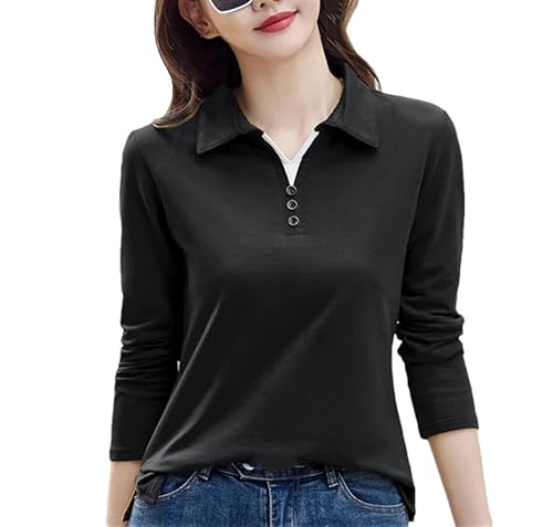 Damen Solid Langarm Poloshirt Baumwolle T-Shirt Button Candy Knit Bottom Shirt, Schwarz , X-Large von REHJJDFD