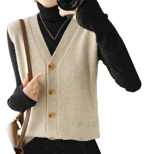 Damen Wolle Strickweste Cardigan Soloid V-Ausschnitt Pullover Pullover Weste, Braun Grau, XL von REHJJDFD