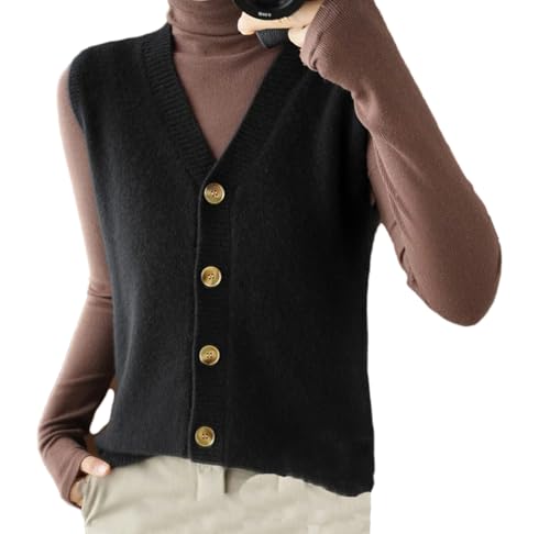 Damen Wolle Strickweste Cardigan Soloid V-Ausschnitt Pullover Pullover Weste, Schwarz , M von REHJJDFD