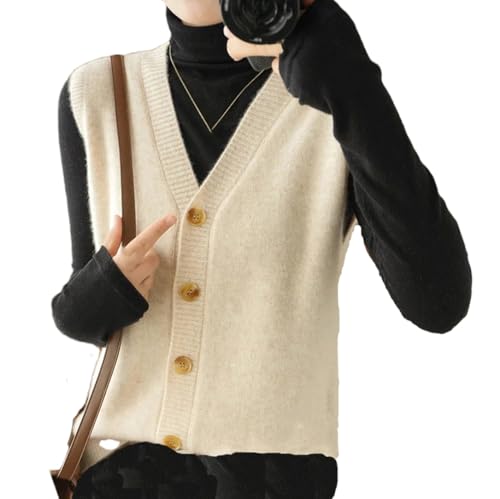 Damen Wolle Strickweste Cardigan Soloid V-Ausschnitt Pullover Pullover Weste, beige, L von REHJJDFD