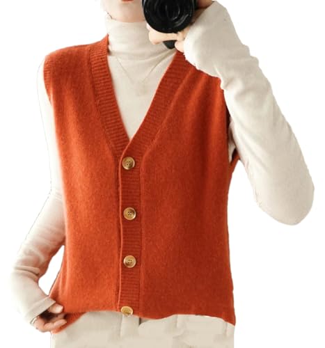 Damen Wolle Strickweste Cardigan Soloid V-Ausschnitt Pullover Pullover Weste, korallenrot, M von REHJJDFD