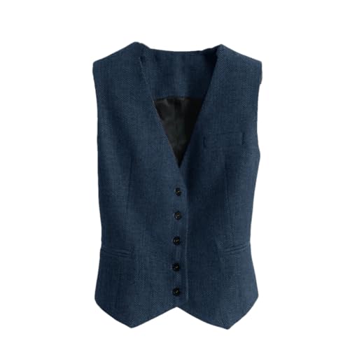 REHJJDFD Damen Anzugweste Fischgräten-Tweed V-Ausschnitt 4 Knöpfe Weste Damen Retro Slim Fit Ärmellose Weste, marineblau, 42 von REHJJDFD