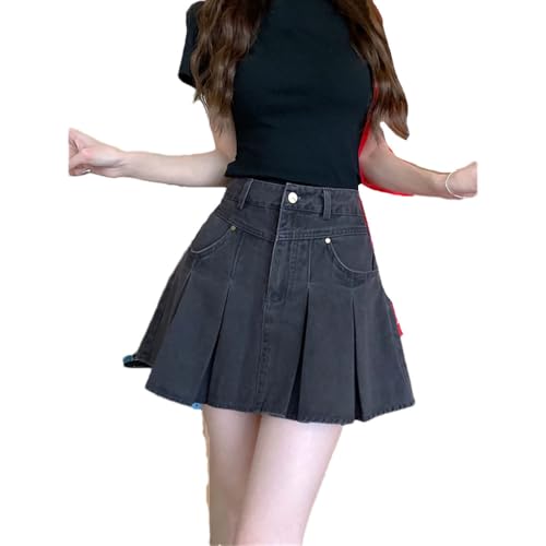 REHJJDFD Damen Gothic A-Linie Plissee Denim Rock Vintage Harajuku Y2k Mini Cowboy Röcke, gray9, XXL von REHJJDFD