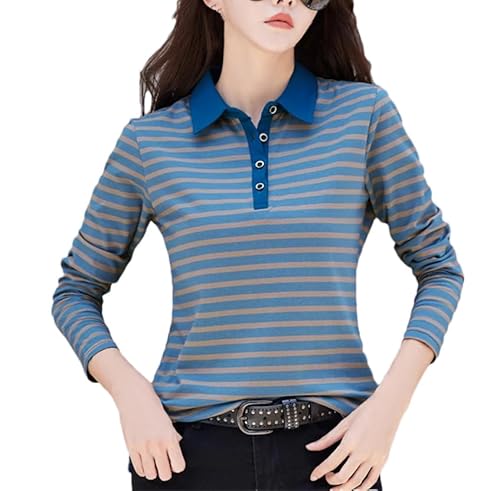 REHJJDFD Damen Langarm Gestreift Baumwolle Poloshirt Stretch Slim Strickbund Shirt Top, blau, X-Large von REHJJDFD