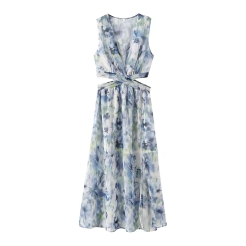 REHJJDFD Damen Midikleid mit V-Ausschnitt mit Print A-Linie, multi, S von REHJJDFD