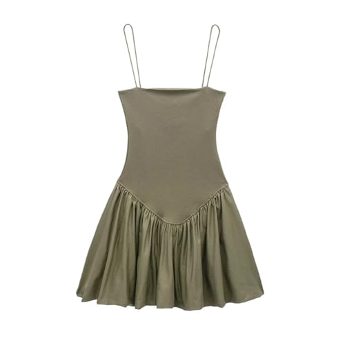 REHJJDFD Damen Patchwork Puff Minikleid Gerader Ausschnitt Dünne Träger Casual Slim Kleider, Grün, Medium von REHJJDFD