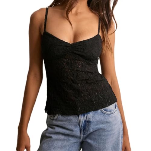 REHJJDFD Damen Spitze Crop Weste Tops Y2k Sheer Durchsichtig Spaghettiträger Ärmellos Camisole Tops, 2, S von REHJJDFD