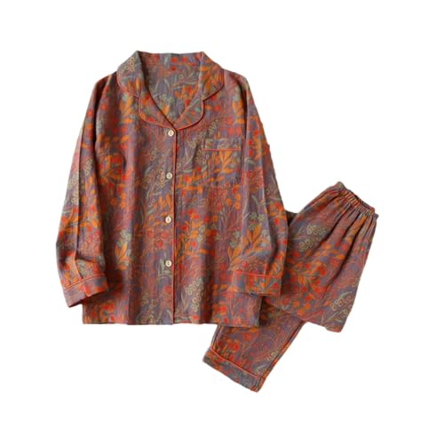 REHJJDFD Frauen Retro Stil Baumwolle Garn gefärbt Blatt gedruckt Langarm Lange Hose Cardigan Damen Home Wear Pyjama Set, grau, XL von REHJJDFD