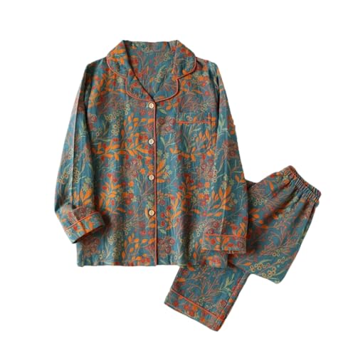 REHJJDFD Frauen Retro Stil Baumwolle Garn gefärbt Blatt gedruckt Langarm Lange Hose Cardigan Damen Home Wear Pyjama Set, navy, M von REHJJDFD