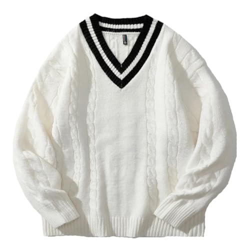 REHJJDFD Herren Schwarz V-Ausschnitt Strickpullover Winter Oversized Pullover Jumper Vintage Gestreifte Strickwaren, weiß, XXXL von REHJJDFD