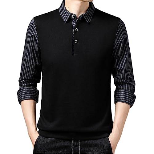 REHJJDFD Männer Gestreifte Poloshirts Männer Einfarbig Casual Langarm Tops Männer Gefälschte Zwei Stück Tops Black-Black XXXL von REHJJDFD